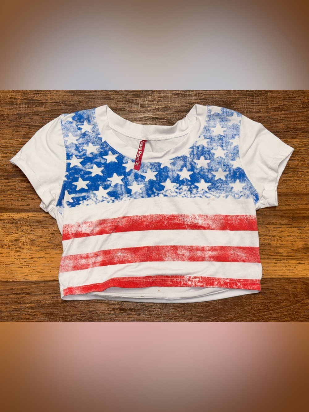 TRUE ROCK Girls' American Flag Crop Tee - White, Red, Blue